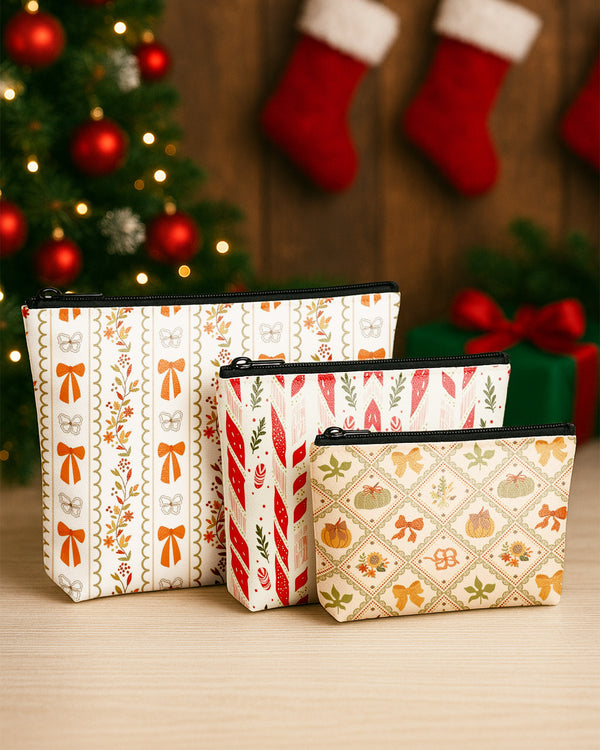 Set of 3 - Essential Zipper Pouch for Makeup Bag Red Xmas Pattern - Bow Pattern - Bowl Pumpkin Pattern Cute Christmas GPO0175