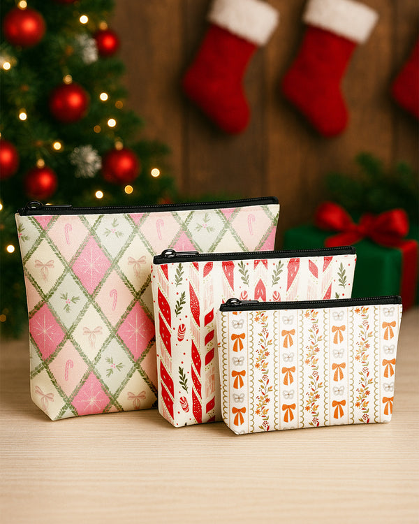 Set of 3 - Essential Zipper Pouch for Makeup Bag Red Xmas Pattern - Candy Bow Pattern - Bow Pattern Cute Christmas GPO0176
