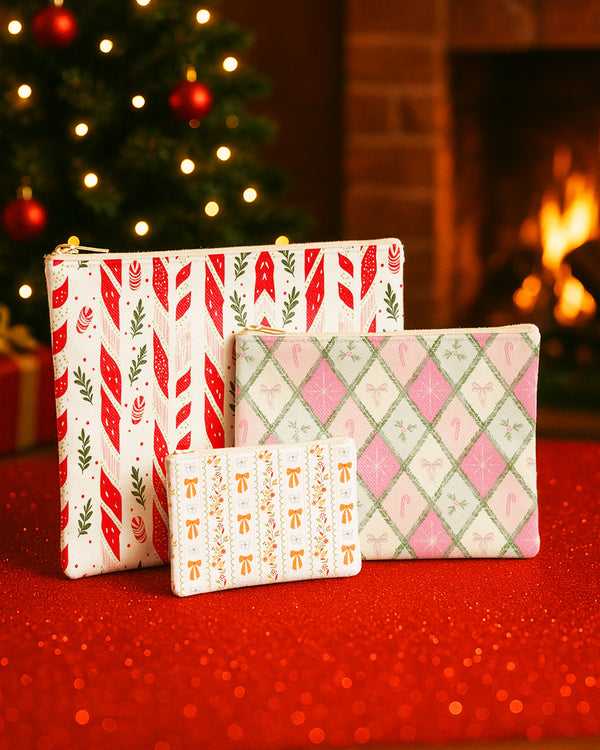 Set of 3 - Flat Zipper Pouch for Makeup Red Xmas Pattern - Candy Bow Pattern - Bow Pattern Cute Christmas GZP012