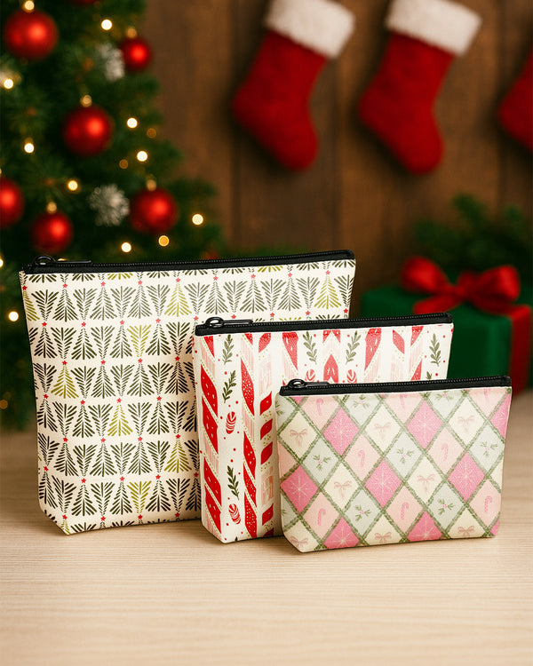 Set of 3 - Essential Zipper Pouch for Makeup Bag Red Xmas Pattern - Xmas Tree Pattern - Candy Bow Pattern Cute Christmas GPO0177