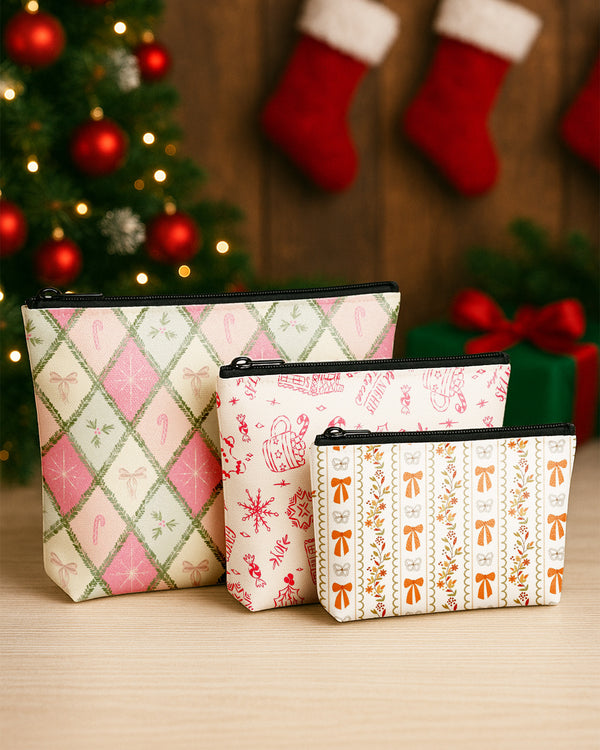 Set of 3 - Essential Zipper Pouch for Makeup Bag Xmas Pattern - Candy Bow Pattern - Bow Pattern Cute Christmas GPO0178