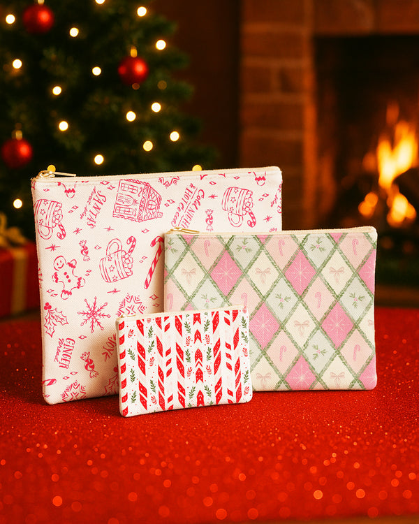 Set of 3 - Flat Zipper Pouch for Makeup Xmas Pattern - Candy Bow Pattern - Red Xmas Pattern Cute Christmas GZP013