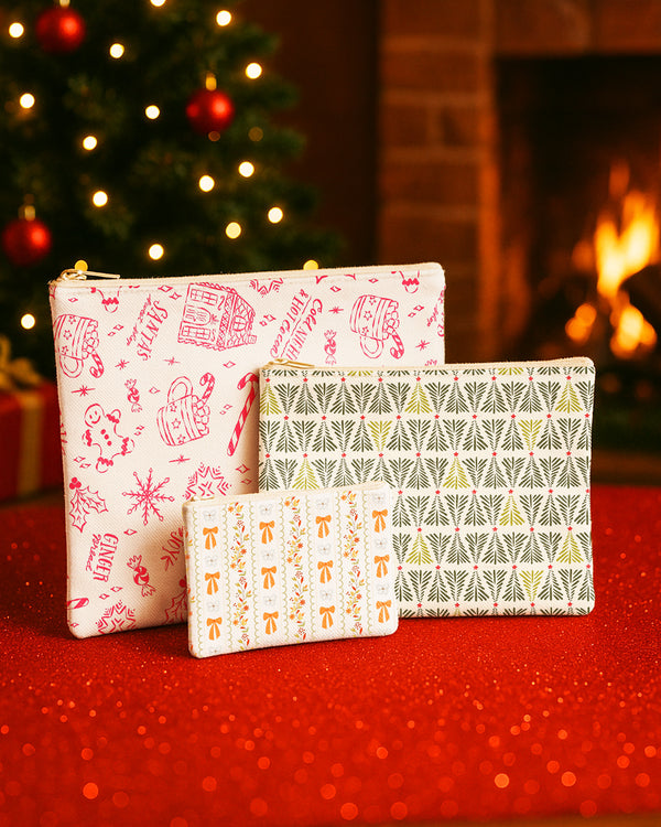 Set of 3 - Flat Zipper Pouch for Makeup Xmas Pattern - Candy Bow Pattern - Red Xmas Pattern Cute Christmas GZP013