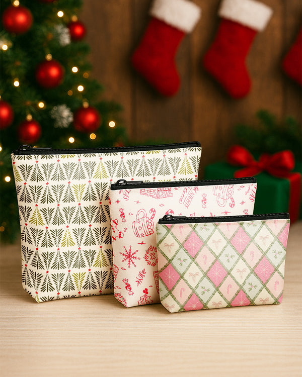 Set of 3 - Essential Zipper Pouch for Makeup Bag Xmas Pattern - Xmas Tree Pattern - Candy Bow Pattern Cute Christmas GPO0180