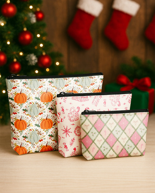 Set of 3 - Essential Zipper Pouch for Makeup Bag Xmas Pattern - Pupmkin Pattern - Candy Bow Pattern Cute Christmas GPO0179