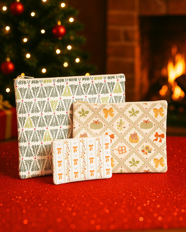 Set of 3 - Flat Zipper Pouch for Makeup Xmas Tree Pattern - Bow Pumpkin Pattern - Bow Pattern Cute Christmas GZP016