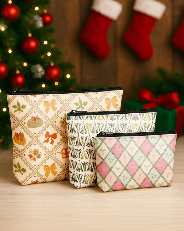 Set of 3 - Essential Zipper Pouch for Makeup Bag Xmas Tree Pattern - Bow Pumpkin Pattern - Candy Bow Pattern Cute Christmas GPO0181