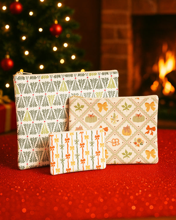 Set of 3 - Flat Zipper Pouch for Makeup Xmas Tree Pattern - Bow Pumpkin Pattern - Colorful Bow Pattern Cute Christmas GZP017