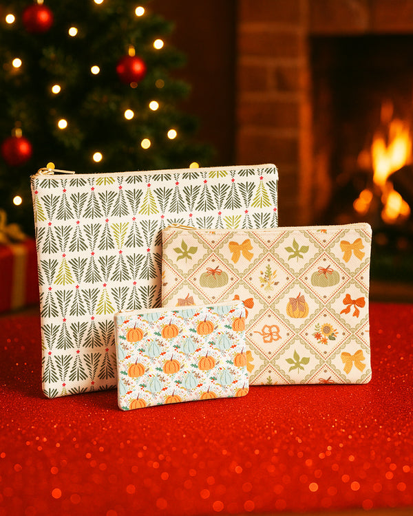 Set of 3 - Flat Zipper Pouch for Makeup Xmas Tree Pattern - Bow Pumpkin Pattern - Pumpkin Pattern Cute Christmas GZP018