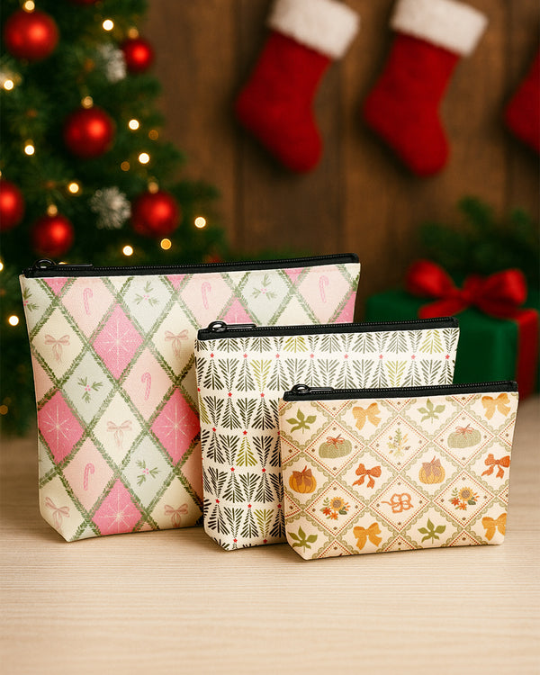 Set of 3 - Essential Zipper Pouch for Makeup Bag Xmas Tree Pattern - Candy Bow Pattern - Bowl Pumpkin Pattern Cute Christmas GPO0182