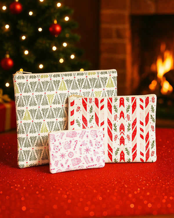 Set of 3 - Flat Zipper Pouch for Makeup Xmas Tree Pattern - Red Xmas Pattern - Xmas Pattern Cute Christmas GZP020