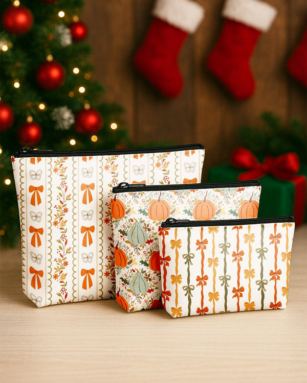 Set of 3 - Essential Zipper Pouch for Makeup Bag Pupmkin Pattern - Bow Pattern - Colorful Bow Pattern Cute Christmas GPO0173