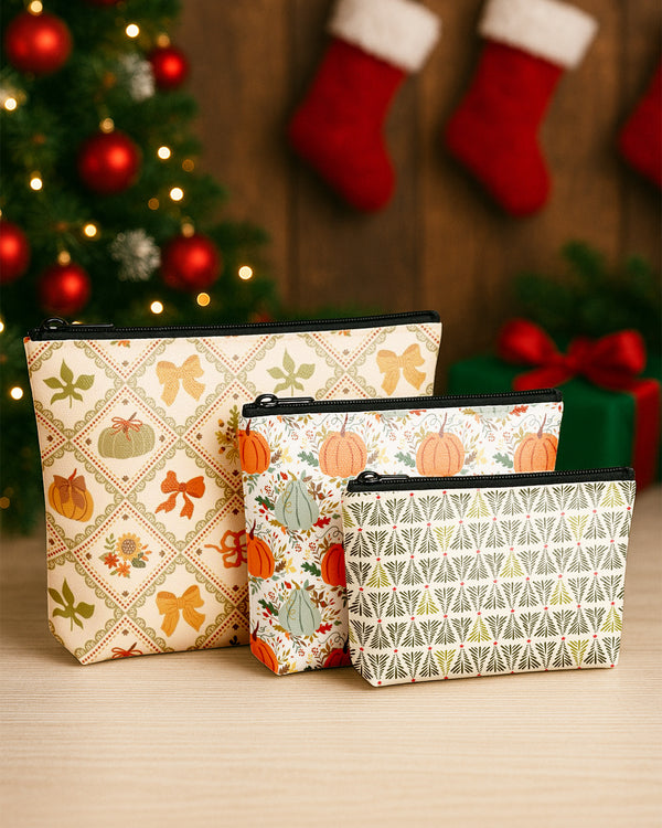 Set of 3 - Essential Zipper Pouch for Makeup Bag Pupmkin Pattern - Bow Pumpkin Pattern - Xmas Tree Pattern Cute Christmas GPO0174