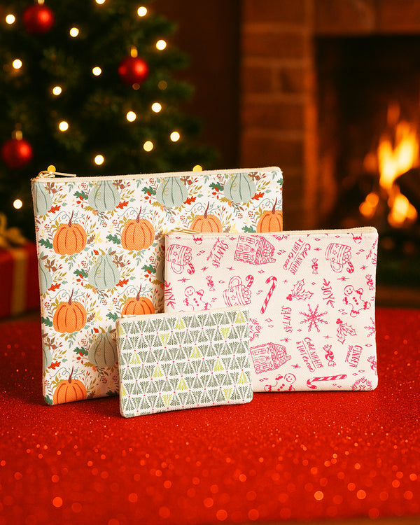 Set of 3 - Flat Zipper Pouch for Makeup Pumpkin Pattern - Xmas Pattern - Xmas Tree Pattern Cute Christmas GZP010