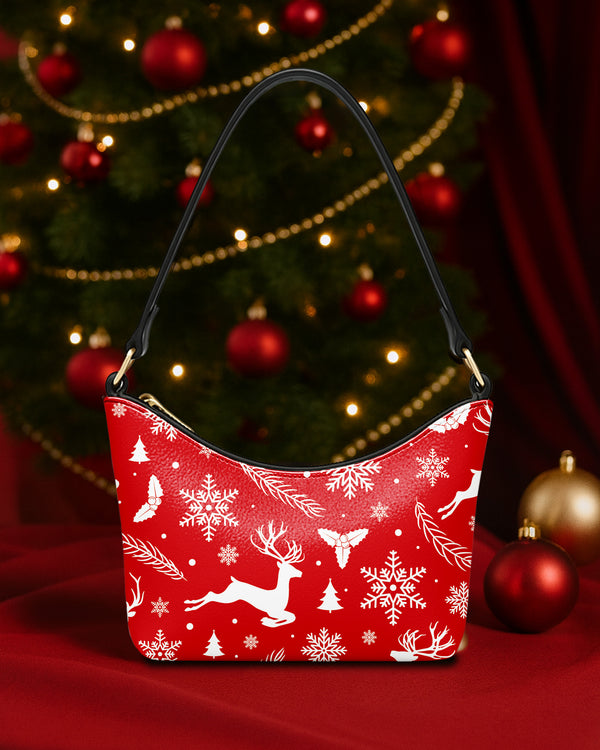 Leather Baguette Bag Underarm Shoulder Bag White Snow and Deer Xmas Red 01 GSD020