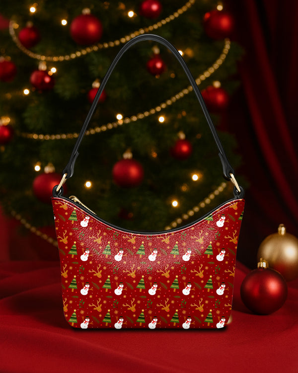 Leather Baguette Bag Underarm Shoulder Bag Snowman and Christmas Tree GSD018