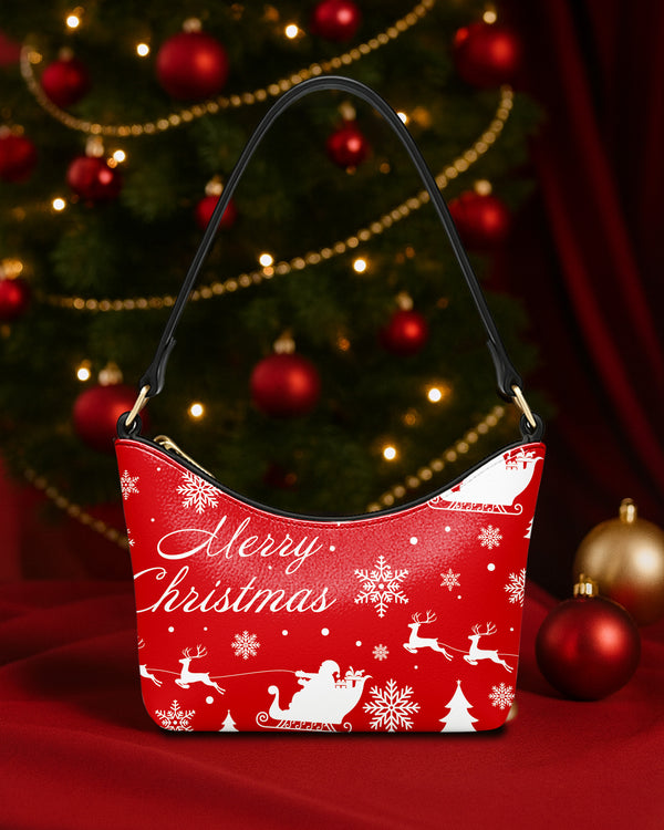 Leather Baguette Bag Underarm Shoulder Bag White Snow and Deer Xmas Santa Claus Red GSD022