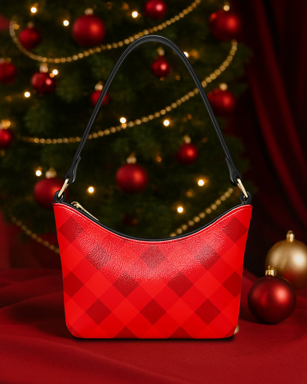 Leather Baguette Bag Underarm Shoulder Bag Red Plaid Pattern GSD017