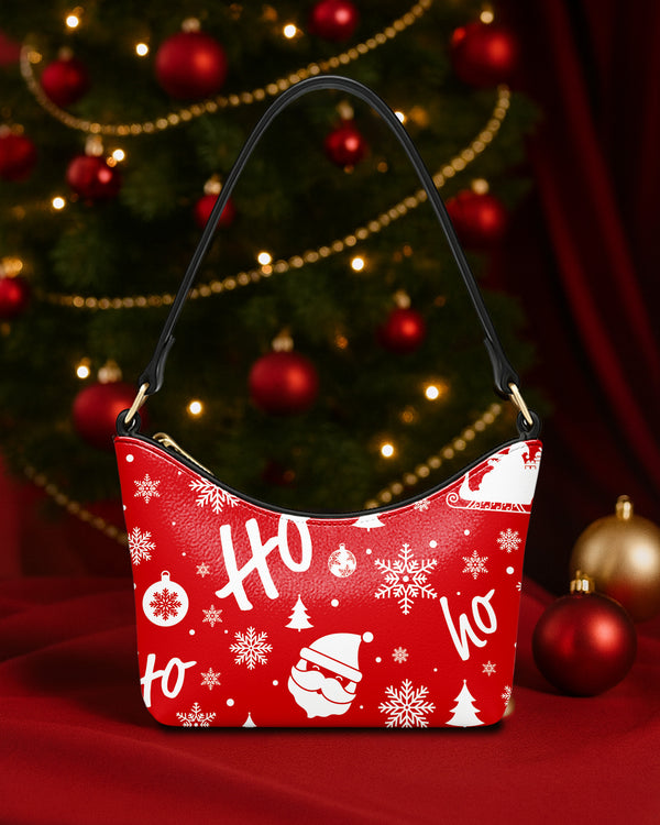 Leather Baguette Bag Underarm Shoulder Bag White Snow and Ho! Claus Red GSD023