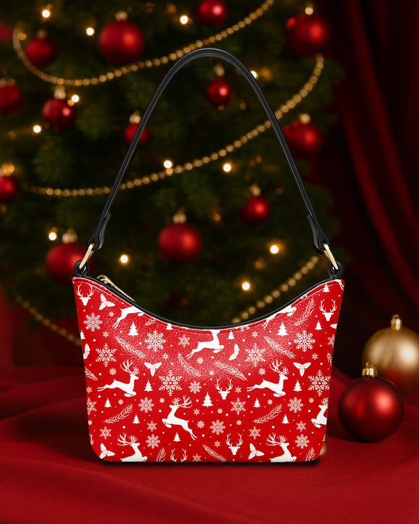 Leather Baguette Bag Underarm Shoulder Bag White Snow and Deer Xmas Red 02 GSD021