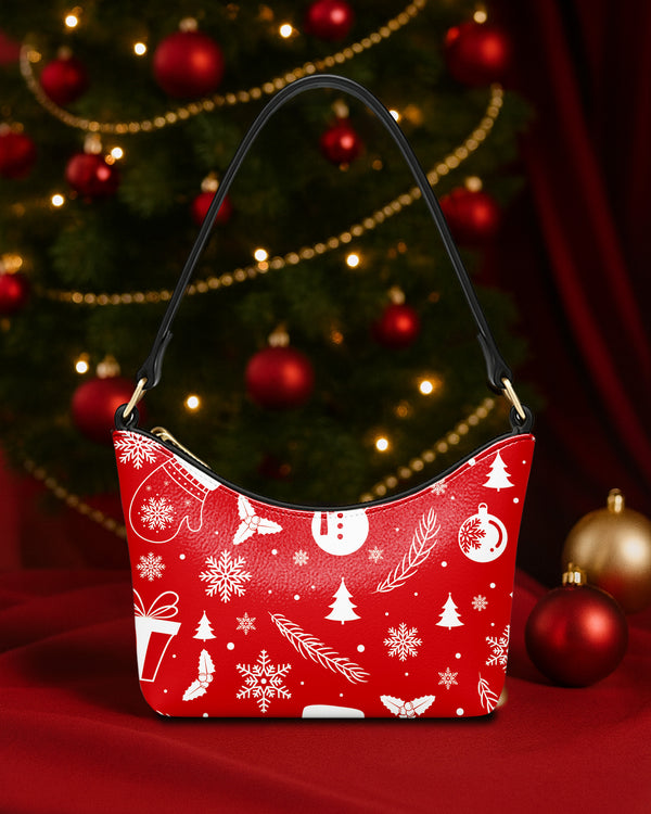 Leather Baguette Bag Underarm Shoulder Bag White Snow and Christmas Tree Present Red Xmas GSD019