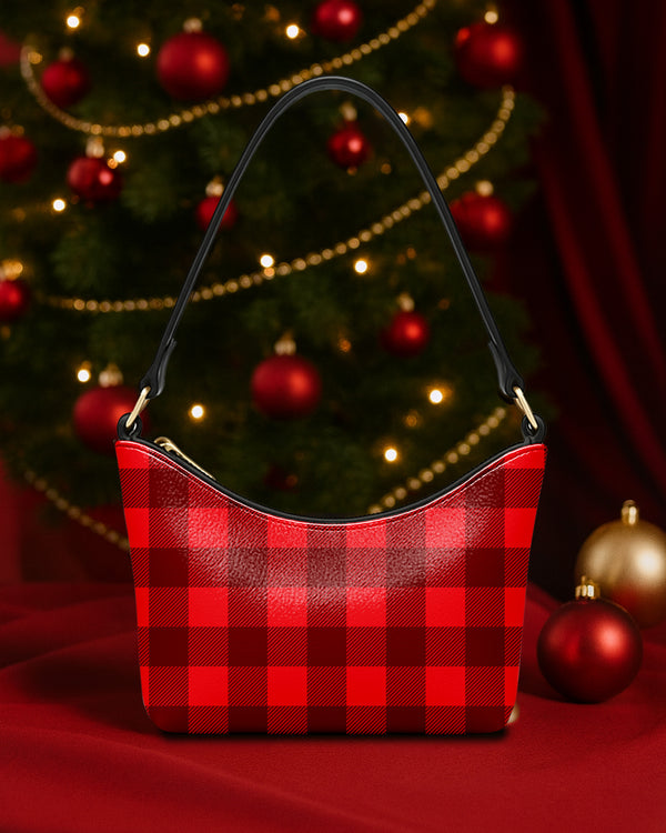 Leather Baguette Bag Underarm Shoulder Bag Black Red Plaid Pattern GSD03