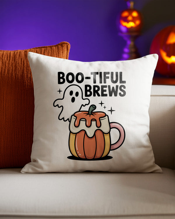Pillow Cushion Boo-Tiful Brews Ghost Pumpkin Coffee Cute Halloween GPL013