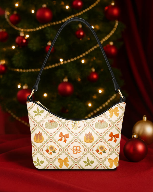 Leather Baguette Bag Underarm Shoulder Bag Bow Ribbon Pumpkin Pattern GSD026
