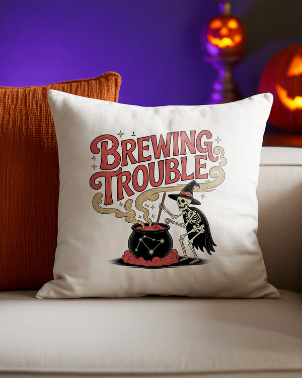 Pillow Cushion Brewing Trouble Skeleton Cauldron Cute Halloween GPL016