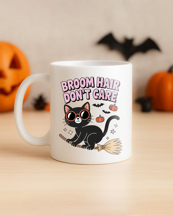 Mug Broom Hair Don’t Care Black Cat with Witchstick Cute Halloween 01 GMG019