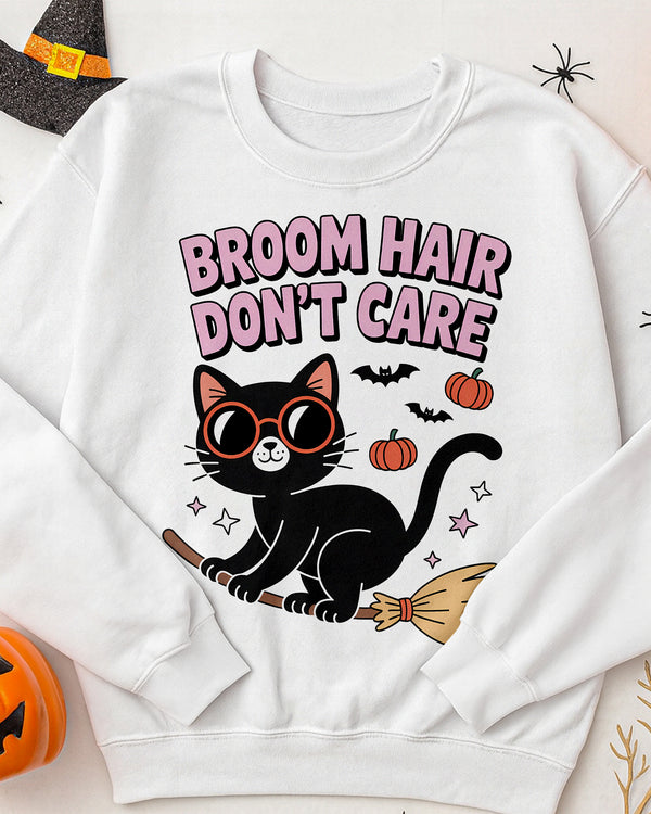Sweater Broom Hair Don’t Care Black Cat with Witchstick Cute Halloween 01 GSW019