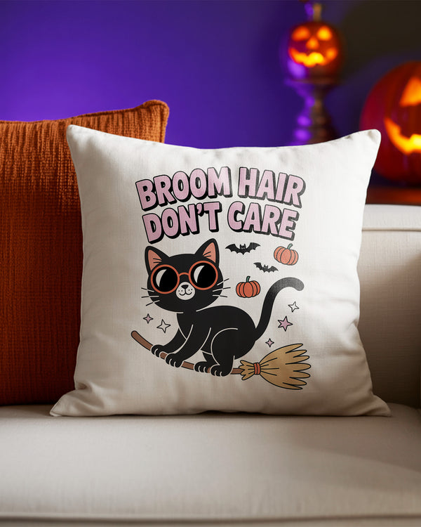 Pillow Cushion Broom Hair Don’t Care Black Cat with Witchstick Cute Halloween 01 GPL019
