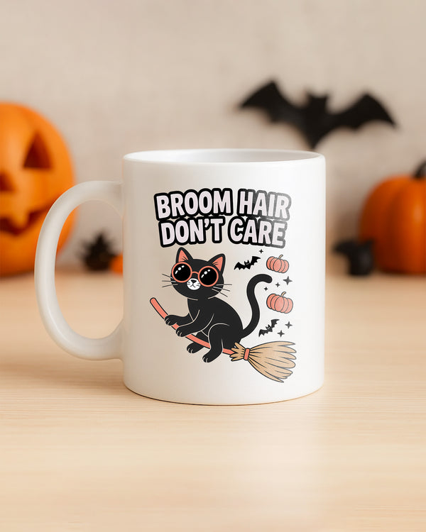 Mug Broom Hair Don’t Care Black Cat with Witchstick Cute Halloween 02 GMG020