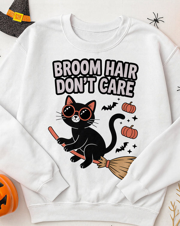 Sweater Broom Hair Don’t Care Black Cat with Witchstick Cute Halloween 02 GSW020