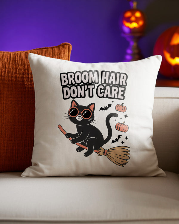 Pillow Cushion Broom Hair Don’t Care Black Cat with Witchstick Cute Halloween 02 GPL020