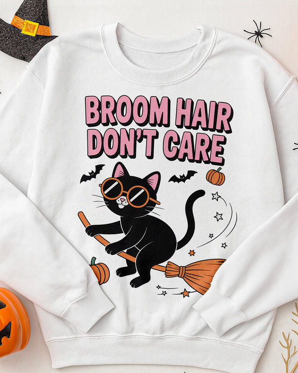 Sweater Broom Hair Don’t Care Black Cat with Witchstick Cute Halloween 03 GSW021