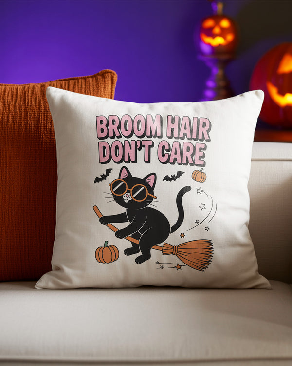 Pillow Cushion Broom Hair Don’t Care Black Cat with Witchstick Cute Halloween 03 GPL021
