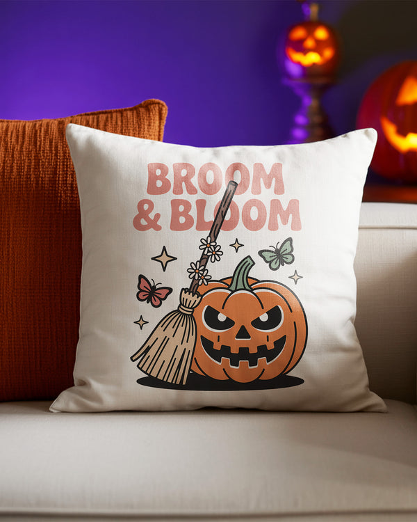 Pillow Cushion Broom & Bloom Witch Pumpkin Cute Halloween 01 GPL017