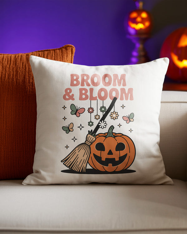 Pillow Cushion Broom & Bloom Witch Pumpkin Cute Halloween 02 GPL018