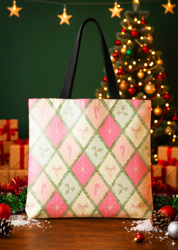 Canvas Totebag Pink Pastel Candy Bow Ribbon Pattern Cute Christmas GTT0295