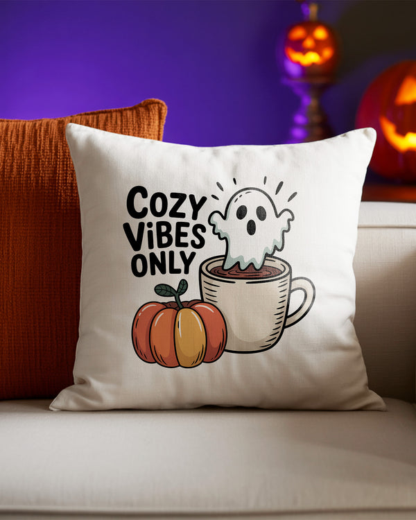 Pillow Cushion Cozy Vibes Only Ghost Pumpkin Cute Halloween GPL031