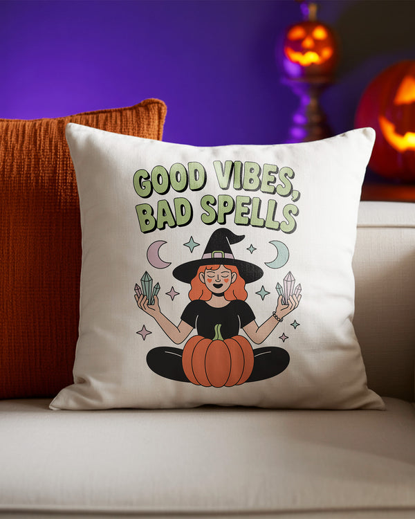 Pillow Cushion Good Vibes Bad Spells Boho Witch Cute Halloween 02 GPL056