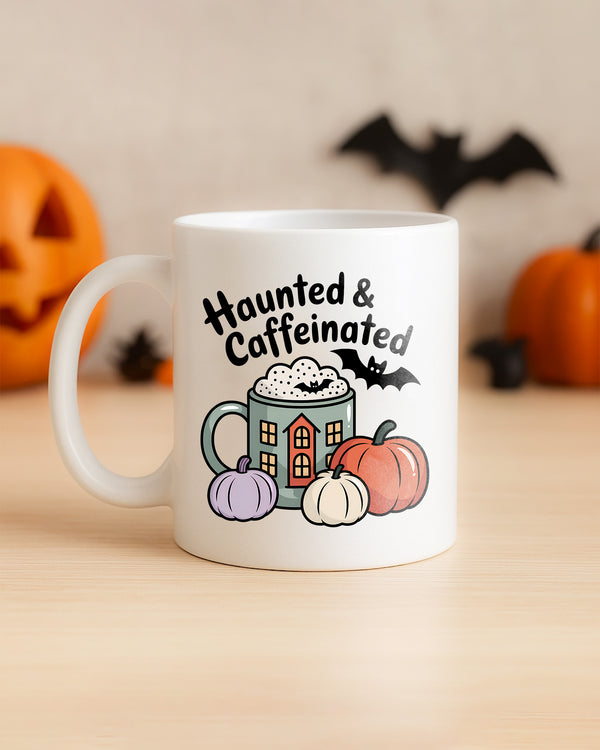 Mug Haunted & Caffeinated Coffee Cream Cup Bat Cute Halloween GMG058