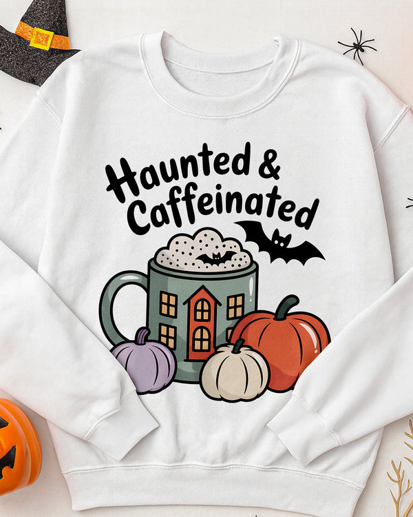 Sweater Haunted & Caffeinated Coffee Cream Cup Bat Cute Halloween GSW058