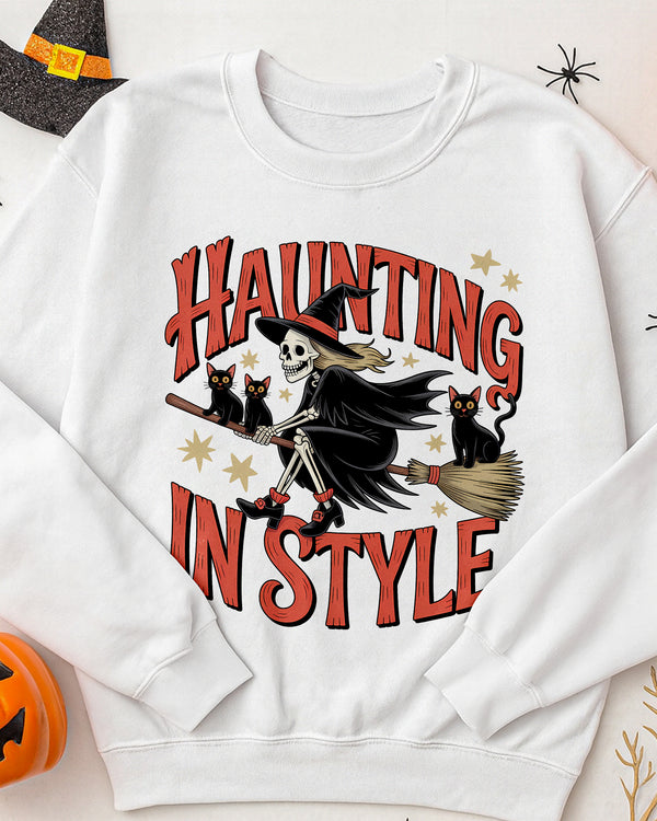 Sweater Haunting In Style Witch with Black Cat Cute Halloween GSW060