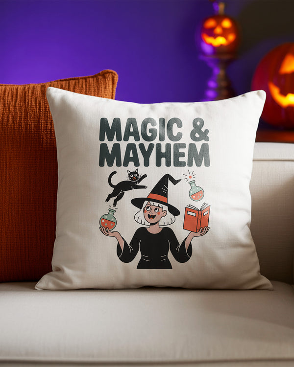 Pillow Cushion Magic & Mayhem Witch and Black Cat Physical Chemistry Cute Halloween GPL078