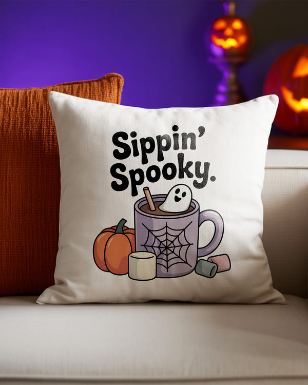 Pillow Cushion Sippin’ Spooky Spider Coffee Ghost Cute Halloween GPL0103