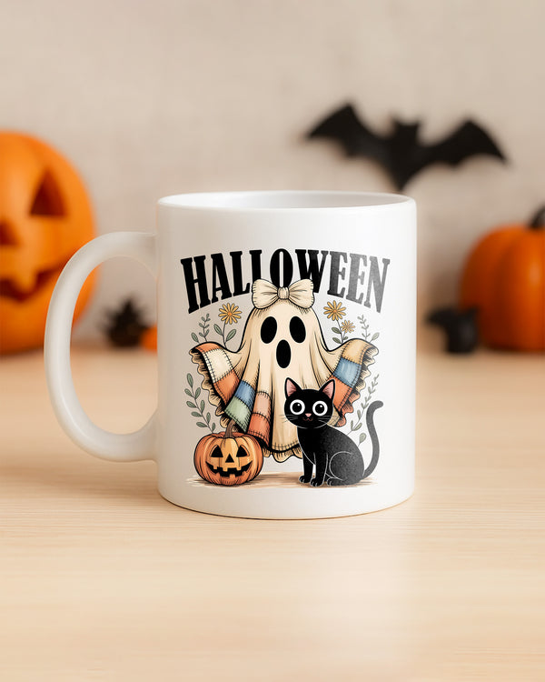 Mug Spooky Season Quilt Ghost Black Cat Bat Cute Halloween 02 GMG0100