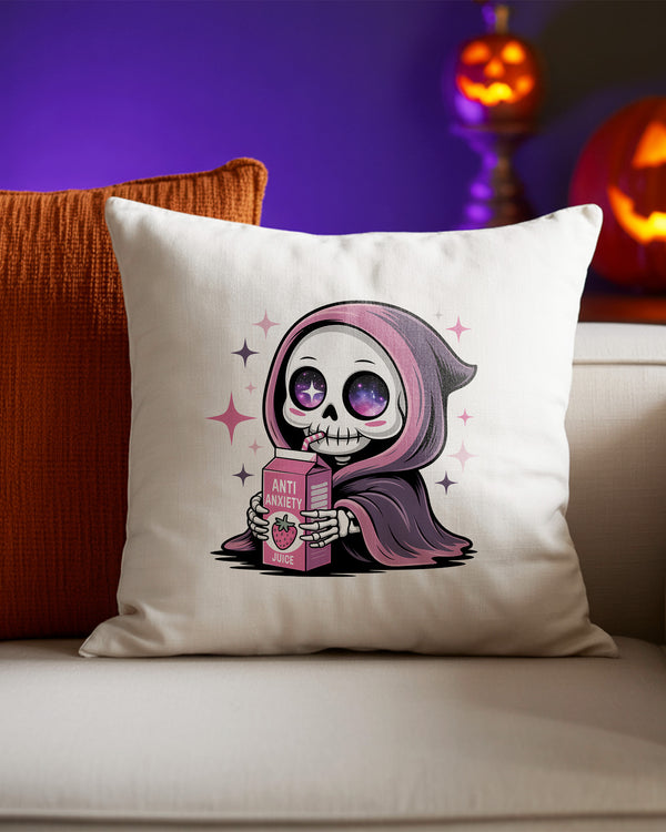Pillow Cushion Grim Reaper Drinking Anti Anxiety Juice Cute Halloween GPL036