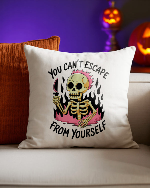 Pillow Cushion Flaming Skeleton Holding Knife You Cant Escape Cute Halloween GPL045